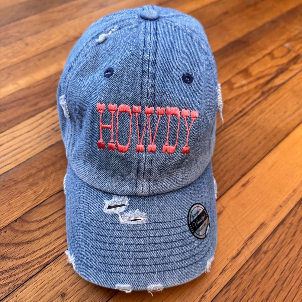 KBETHOS Howdy Distressed Denim Baseball Cap‎ Blue Pink Embroidered Western Hat